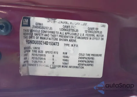 2004 Chevrolet Venture Plus z USA, uszkodzony, nr VIN 1GNDU03E14D153473